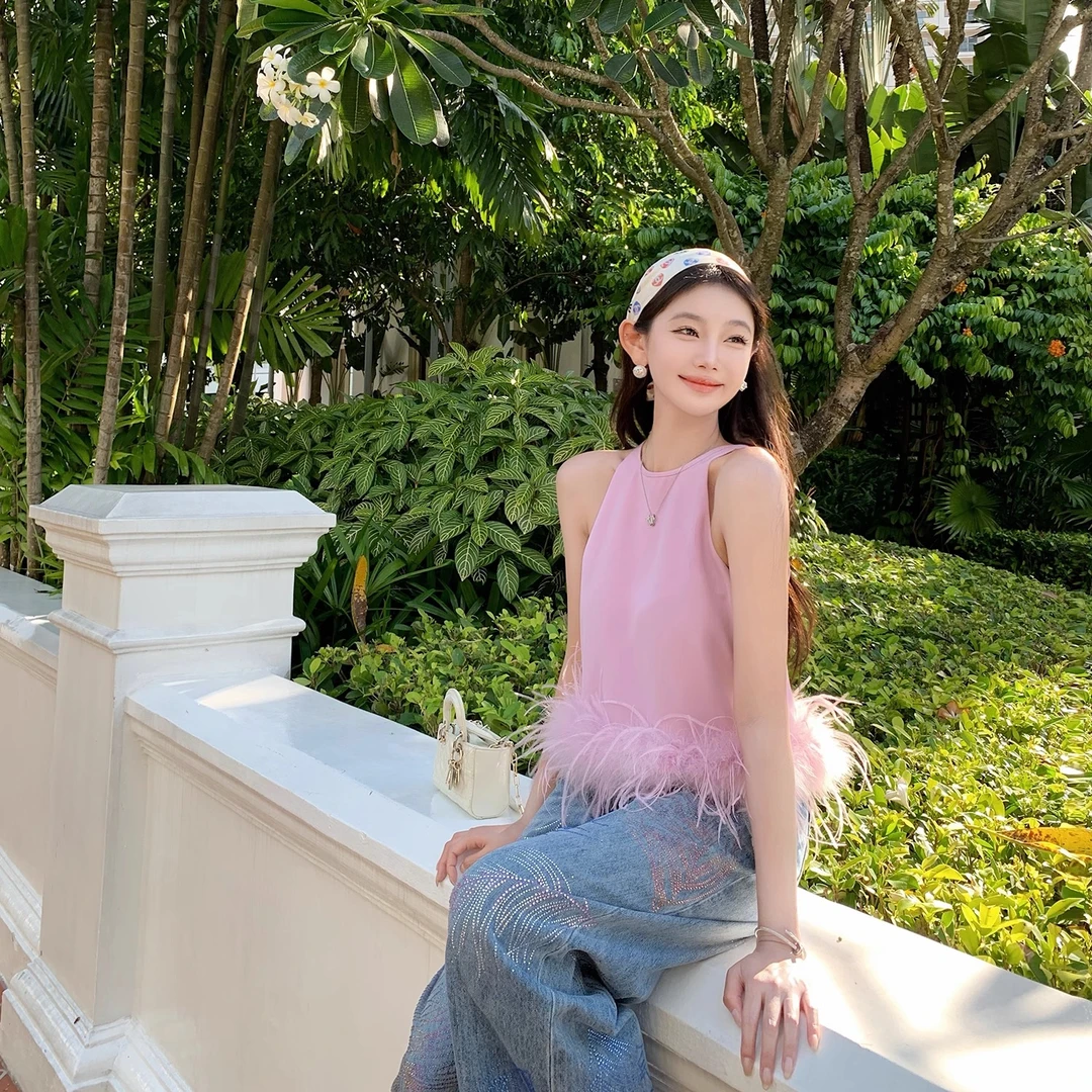 "Vivian鸵鸟毛吊带"白富美私服！清凉马卡龙色系～轻盈鸵鸟毛吊带
