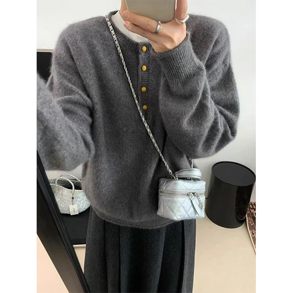 【卷边领木质四粒扣灰色长袖】针织衫宽松显瘦休闲时尚百搭