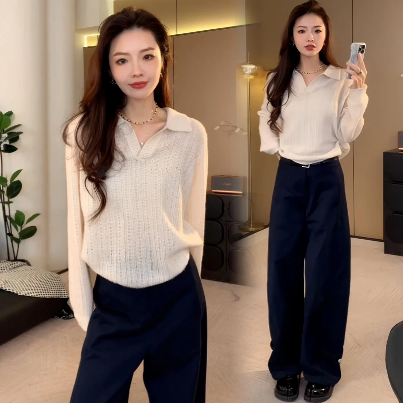 欧货纯色百搭长袖毛衣针织衫女2025年秋冬季新款小众翻领舒适上衣