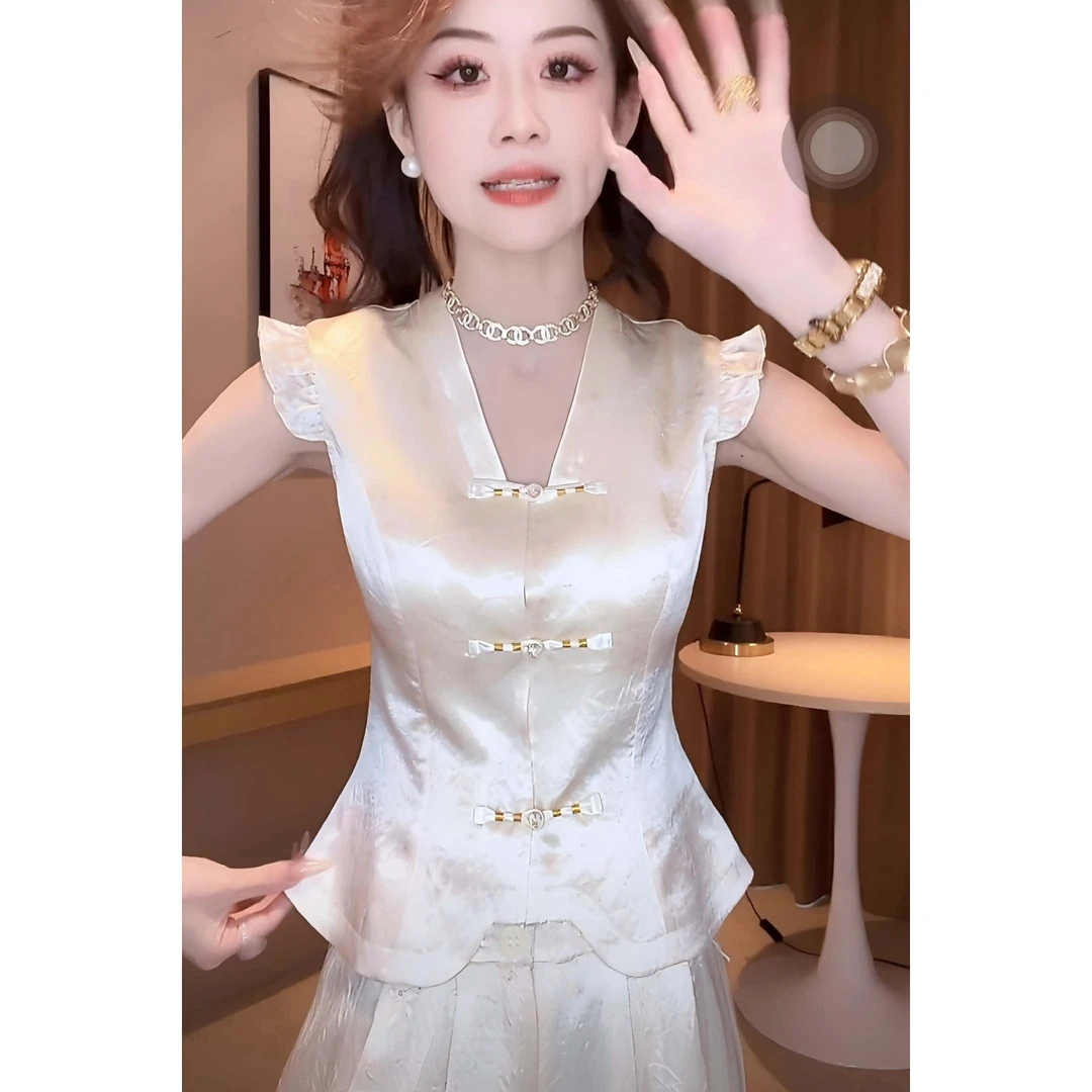 【两件套】小公主2025夏季新款中式短袖T恤设计款裤子套装D2054