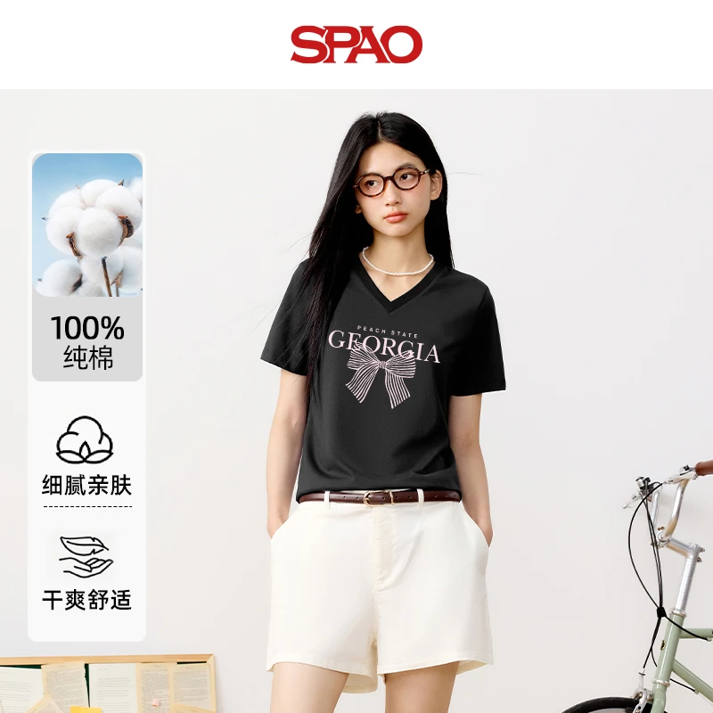 SPAO韩国同款蝴蝶结印花V领正肩短袖t恤女夏季宽松显瘦纯棉上衣YC