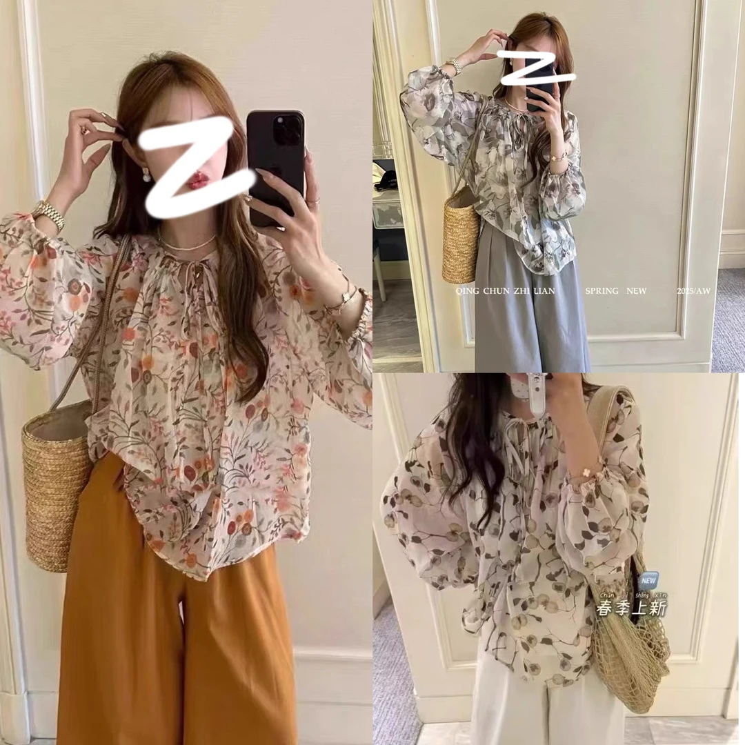 2025春夏新款【春日花影】碎花长袖圆领系带衬衫689