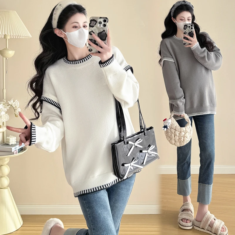 孕妇装毛衣秋冬时尚宽松显瘦设计感撞色拼接洋气减龄百搭针织毛衣