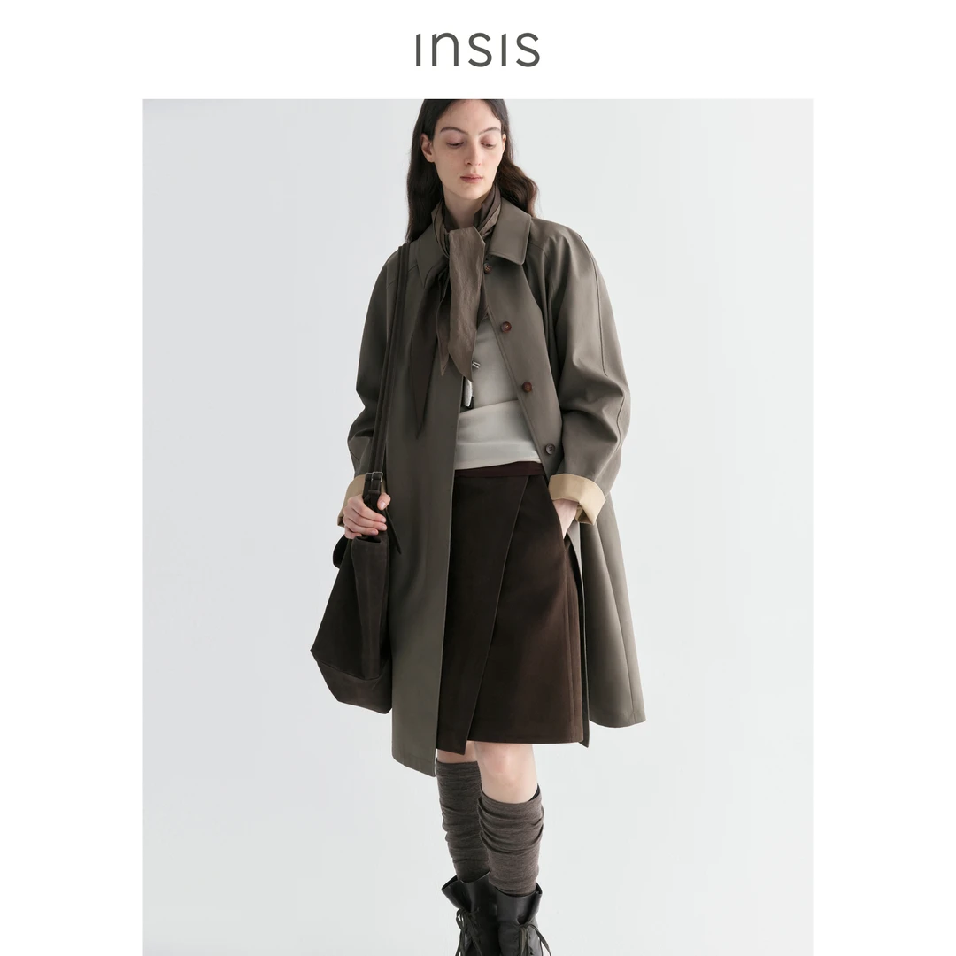 INSISFEMME袖口翻边撞色中长款风衣FN25313404