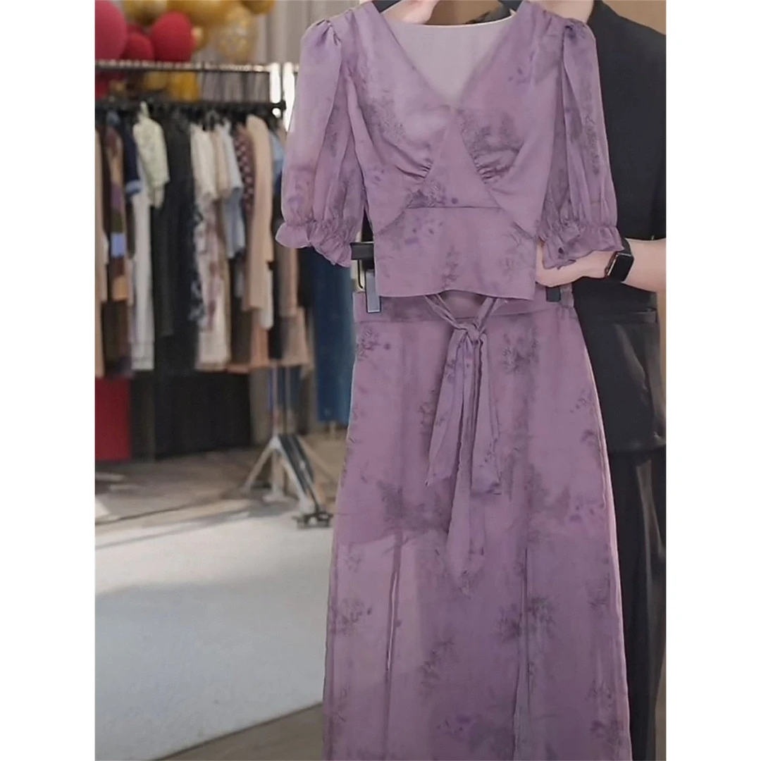 法式纯欲风晕染V领泡泡袖上衣开叉半身裙夏季新款别致超好看套装