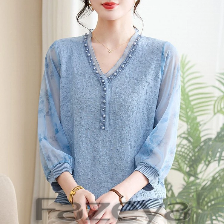 彩羊2025新款妈妈春夏早秋薄款七分纱袖中老年女时尚宽松针织小衫