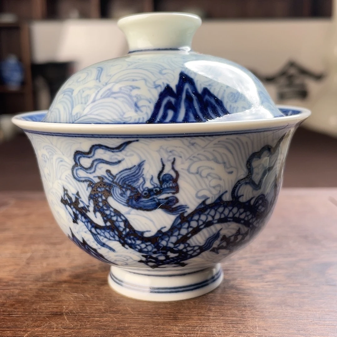 柴窑青花海水龙纹盖碗