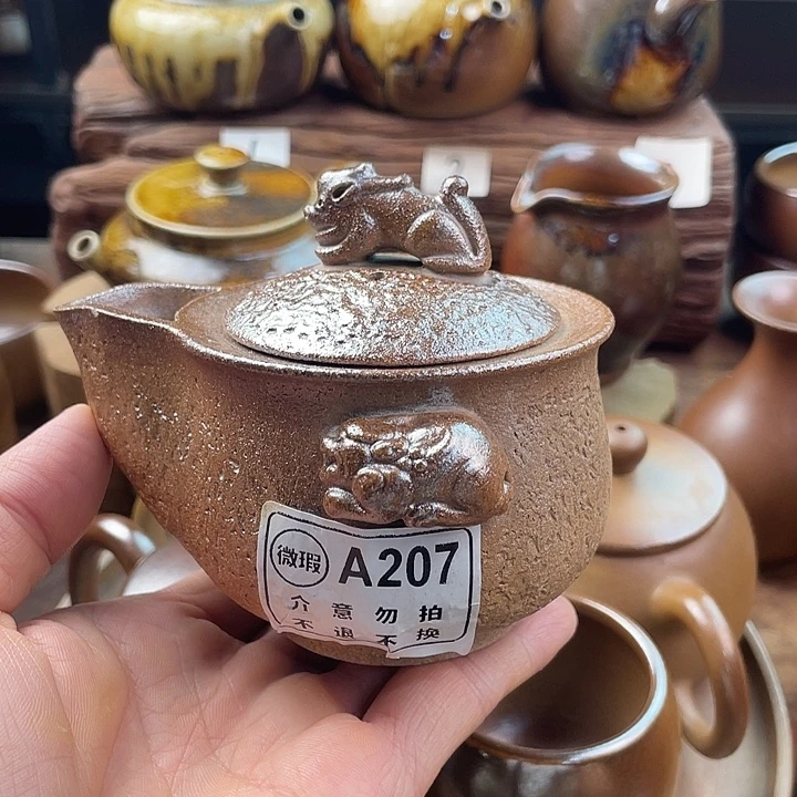 建水紫陶白泥柴烧手抓壶