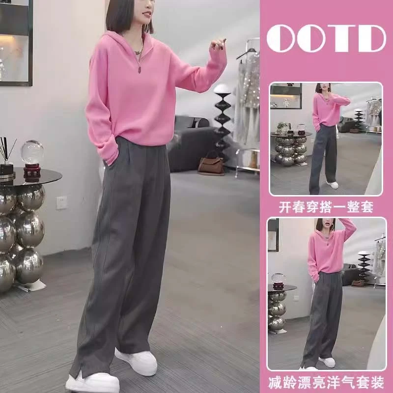 今年流行的女装套装爆款小个子休闲时髦连帽卫衣宽松阔腿裤两件套