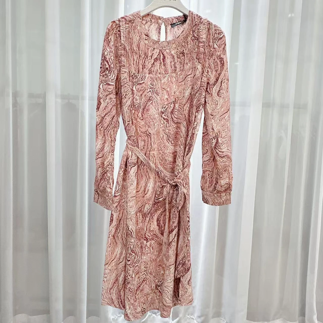 轻奢松紧腰连衣裙长袖长裙优雅印花女士百搭碎花木耳领长款613