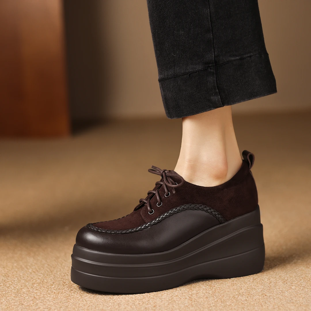 小个子手工女鞋8cm~系带坡跟单鞋春季拼接高跟鞋不累脚厚底小皮鞋