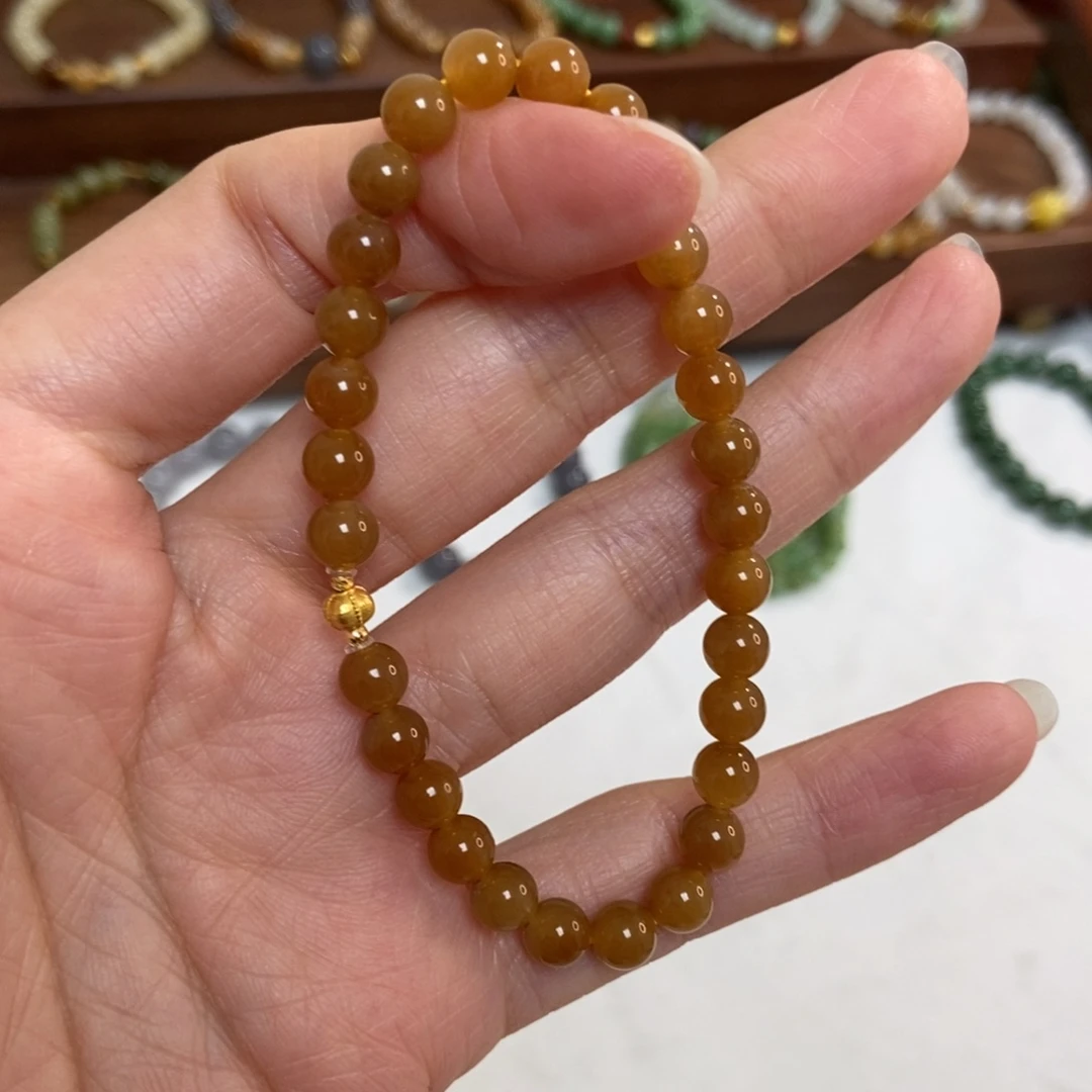 和田玉18K金镶嵌手链6mm精品且末红糖