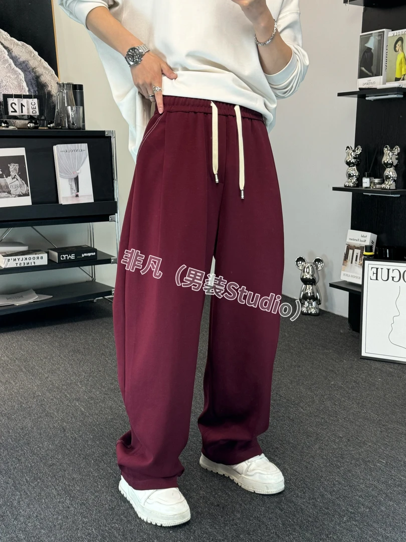 非凡-春秋新款时尚小众百搭宽松阔腿高街明线休闲弯刀裤卫裤88802