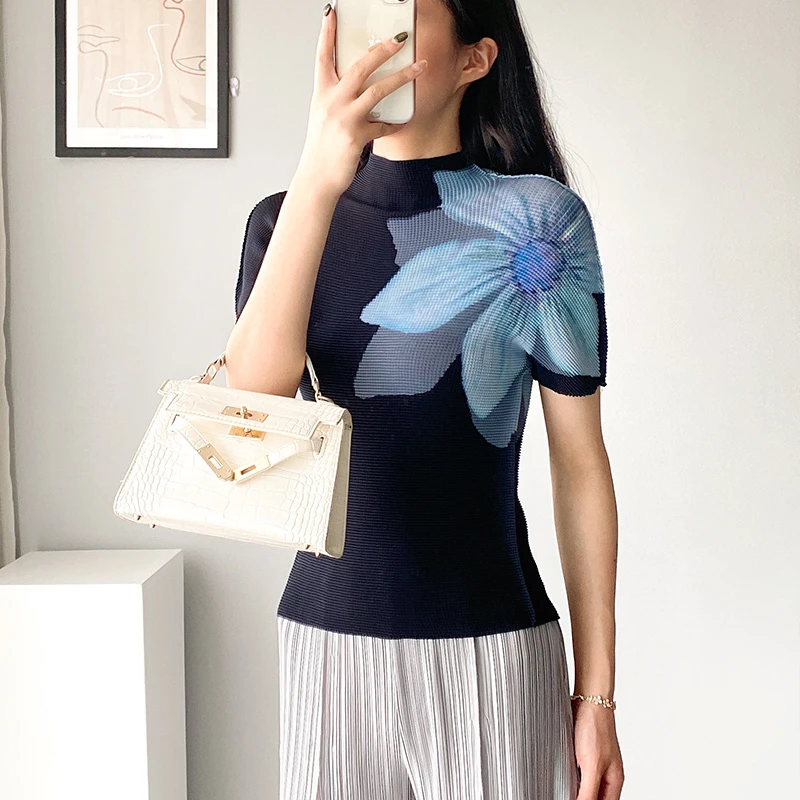 PY褶皱上衣女短袖复古气质半高领夏天新款修身百搭女T恤小众女装