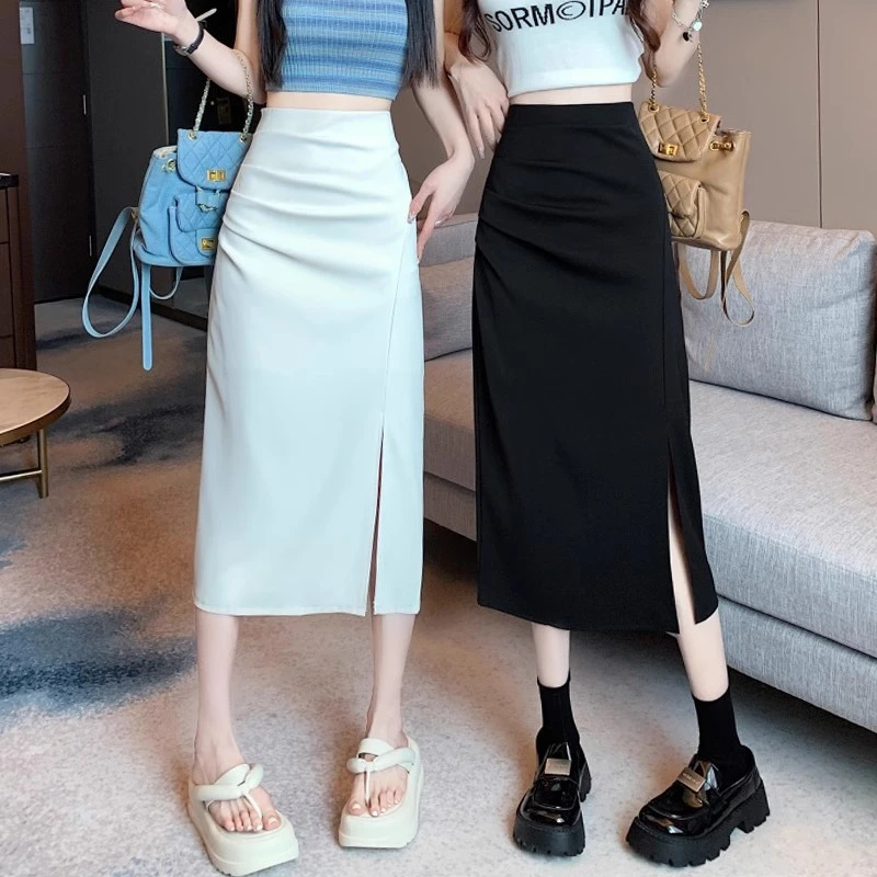 粉色开叉包臀半身裙女夏季辣妹修身a字裙设计感褶皱高腰中长裙子