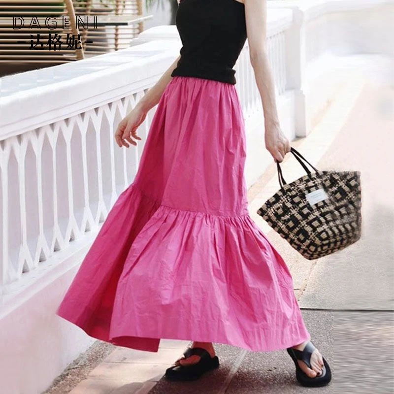 玫红色半身裙女2025年夏季新款法式高腰垂感a字大裙摆遮跨长裙子