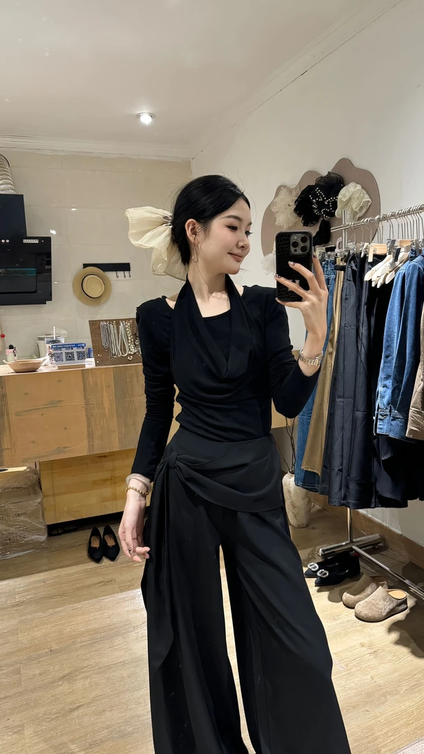 【晚宴流光】2025秋季女装设计感小众高级感慵懒挂脖上衣绑带休闲裤