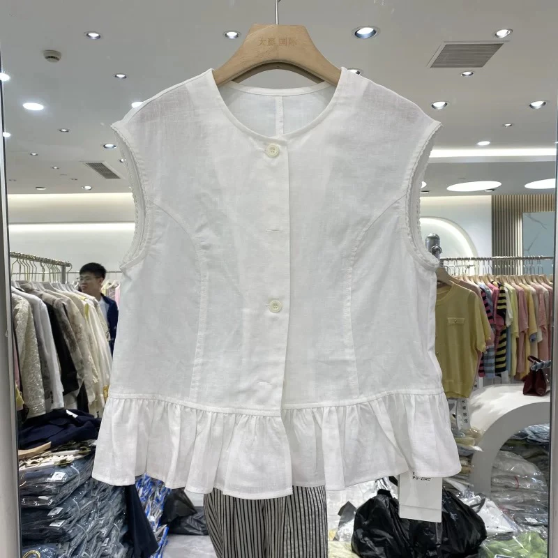 夏季简约纯色下摆木耳边无袖衬衫减龄洋气上衣99283