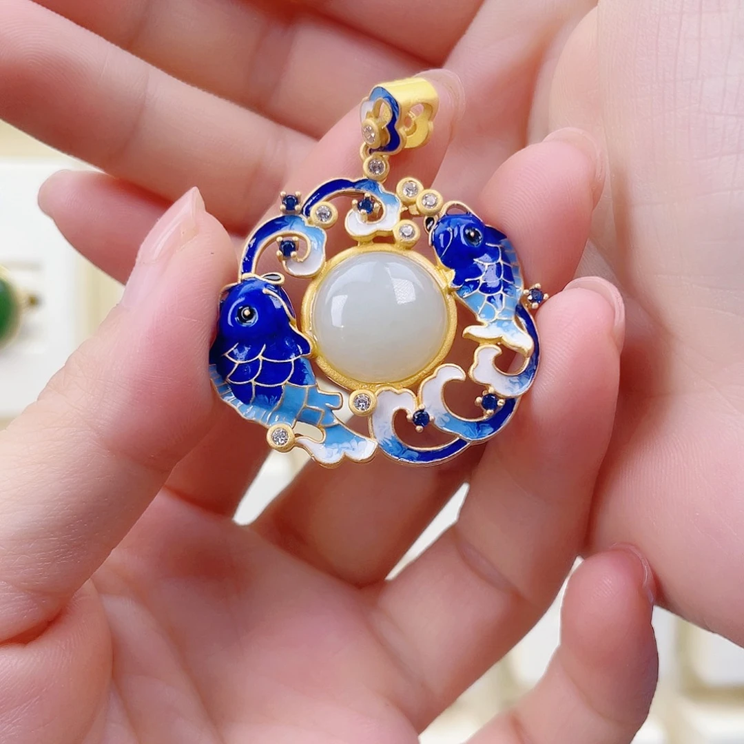 和田玉银S925镀金镶嵌颈饰