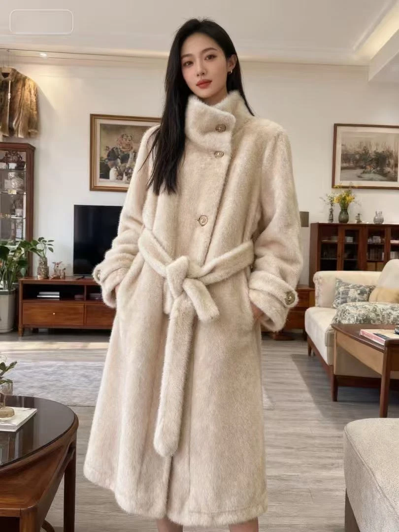 52010常规长袖女长款立领人造毛毛白色外套皮大衣宽松百搭