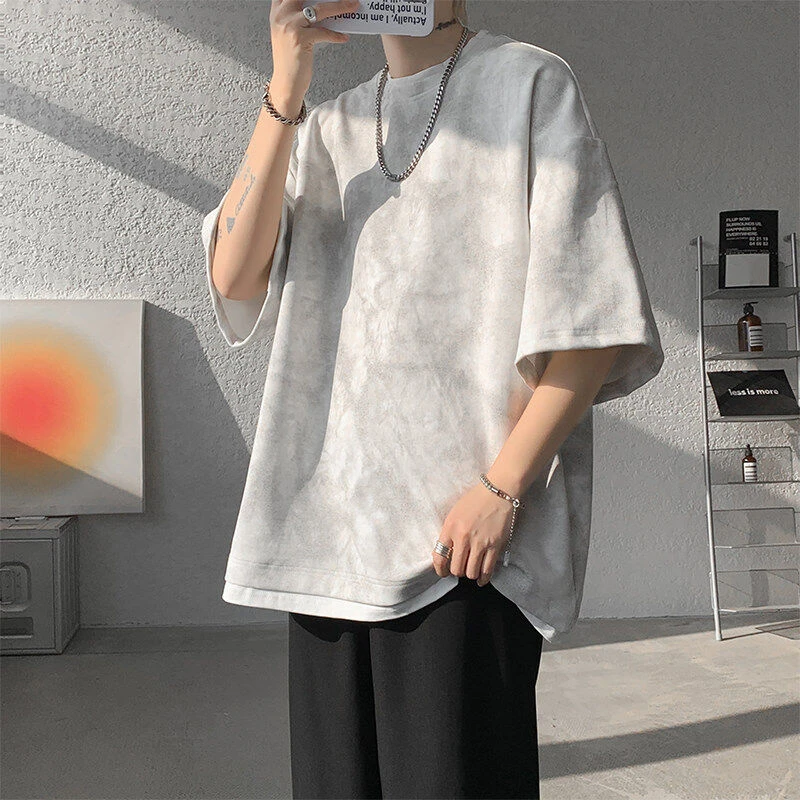 夏季美式复古假两件扎染短袖男宽松潮牌男士百搭潮流休闲半袖t恤