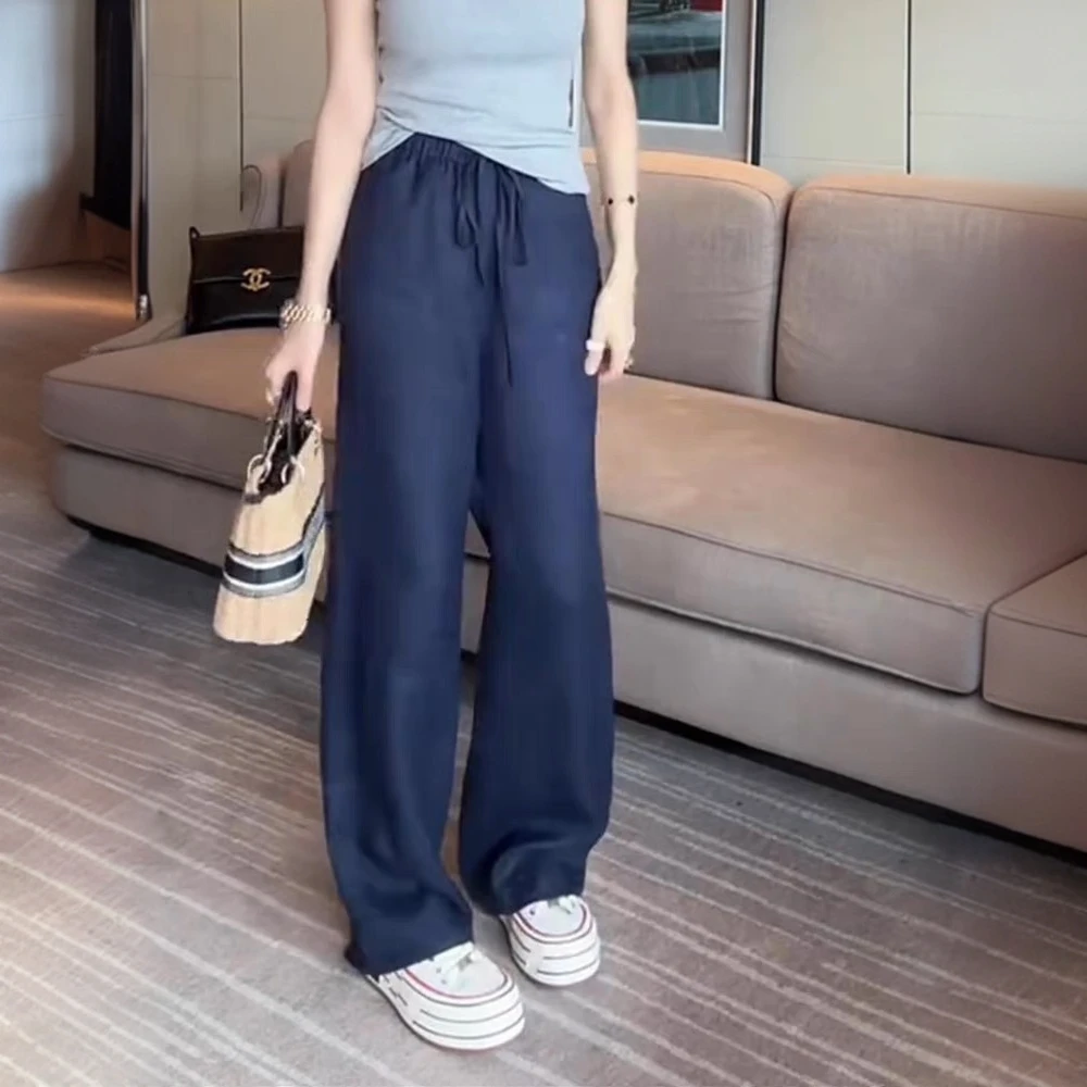 藏青色亚麻休闲裤女夏季薄款大码胖mm宽松显瘦时尚百搭拖地阔腿裤