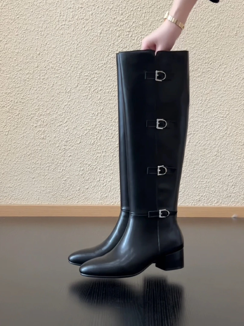 Pokoy-4.5cm复古圆头设计感皮带扣骑士靴英伦风侧拉链长筒靴