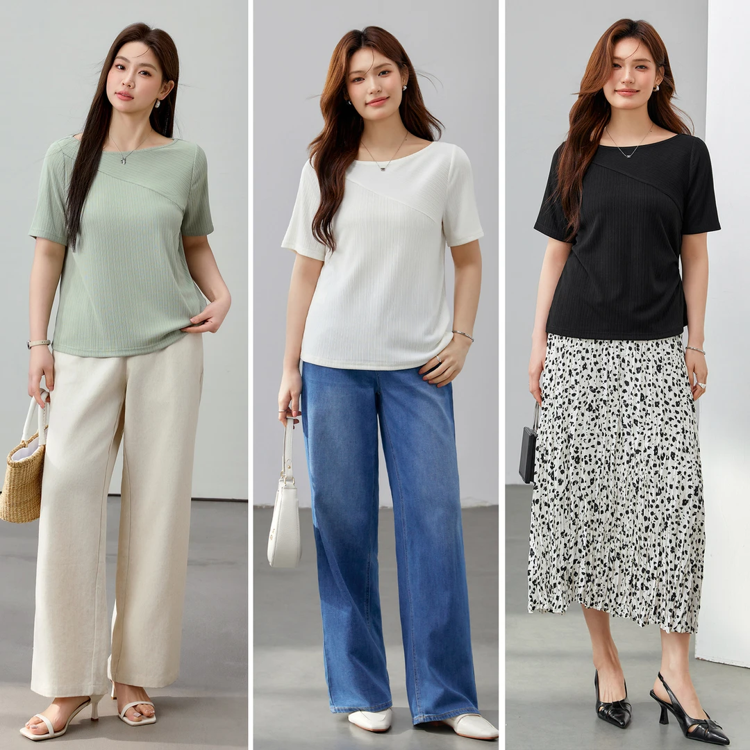 【设计感船领时尚肌理感百搭T恤】纤莉秀大码女装休闲显瘦t恤QK0701