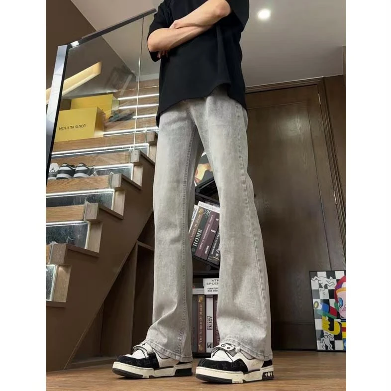美式高街烟灰牛仔裤男款春夏季修身ins潮裤子百搭显瘦微喇直筒裤
