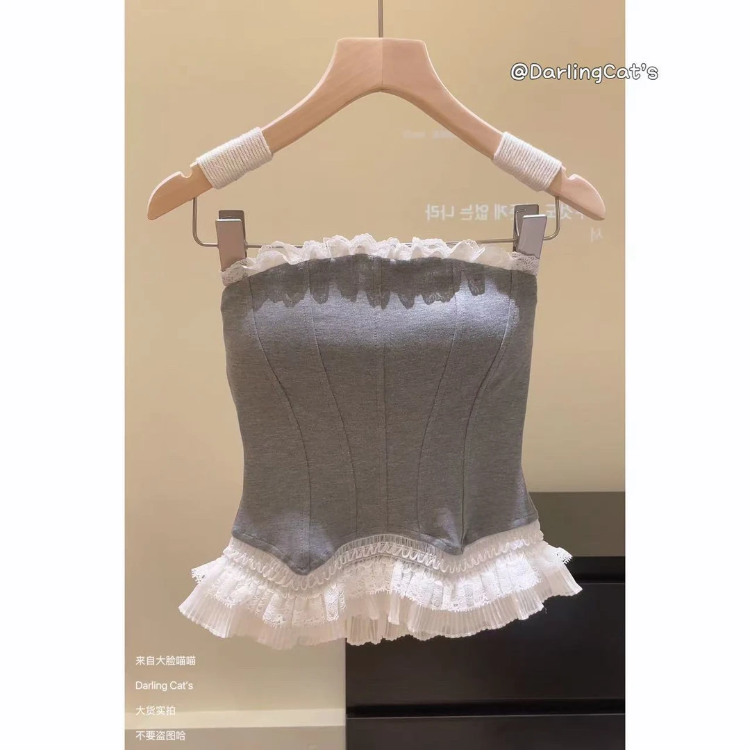 大脸喵 蕾丝边拼接抹胸上衣女夏季新款纯欲风性感修身背心