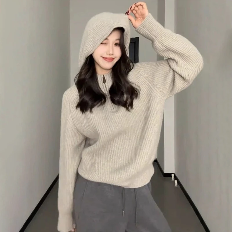 GN8182高级感连帽毛衣女秋冬2025新款冬季宽松内搭打底针织衫上衣