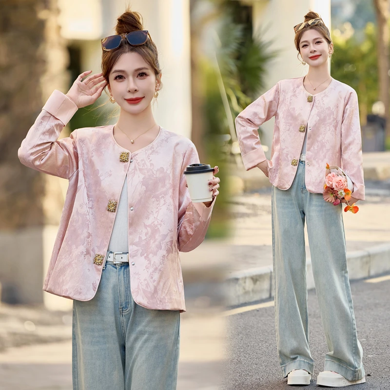 新中式国风外套春秋长袖洋气短款时尚百搭宽松提花钉珠重工上衣