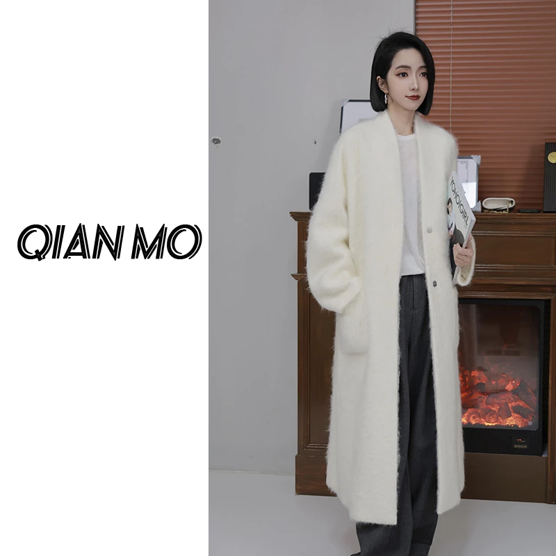 【象牙白】山羊绒拉毛大衣秋冬V领中长款时尚气质羊毛女装轻奢外套