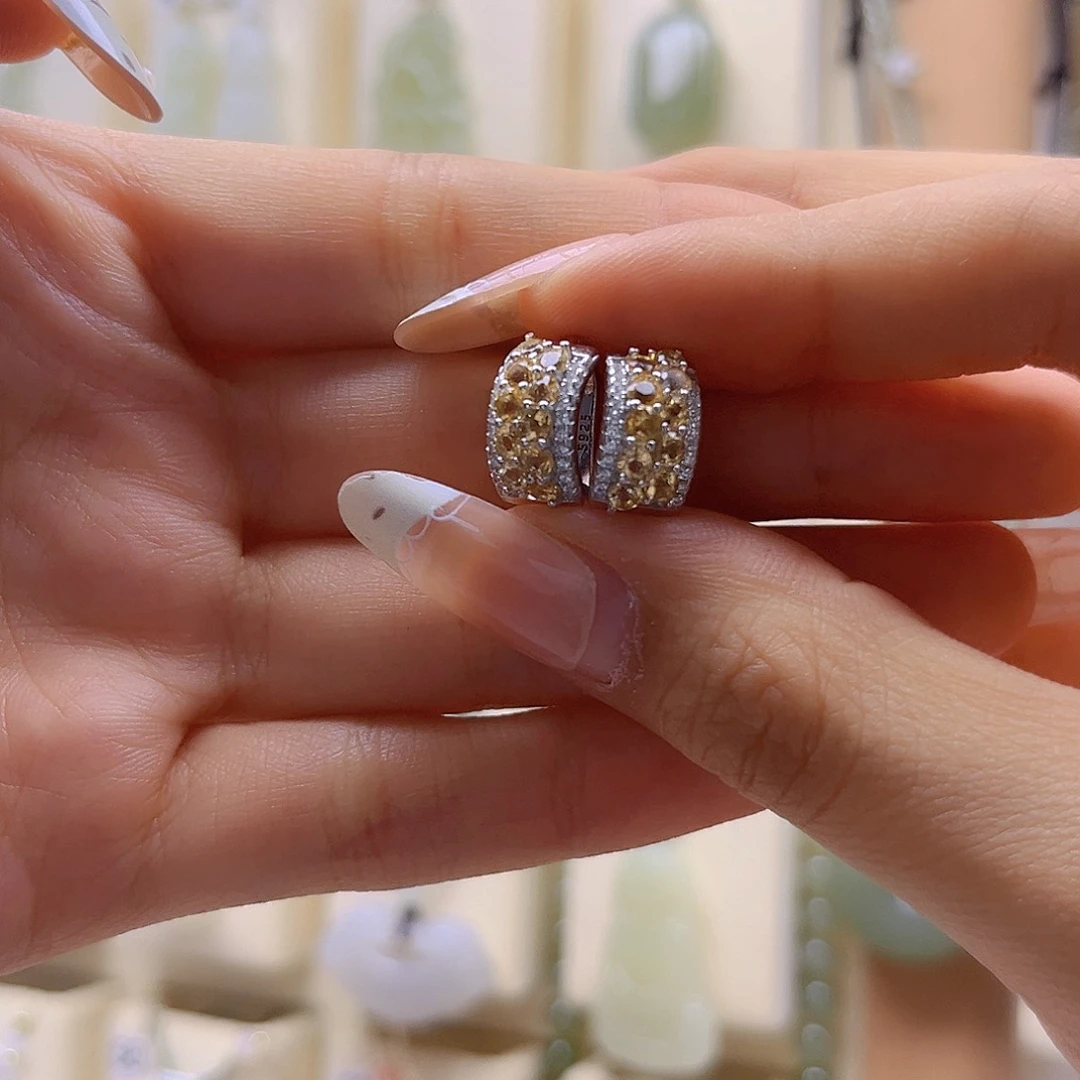 黄晶耳饰银S925镶嵌山**行