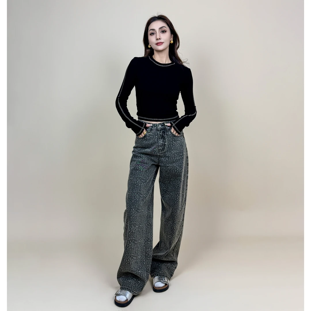 设计感个性豹纹印花高腰阔腿牛仔裤女款加长款显高宽松休闲直筒裤
