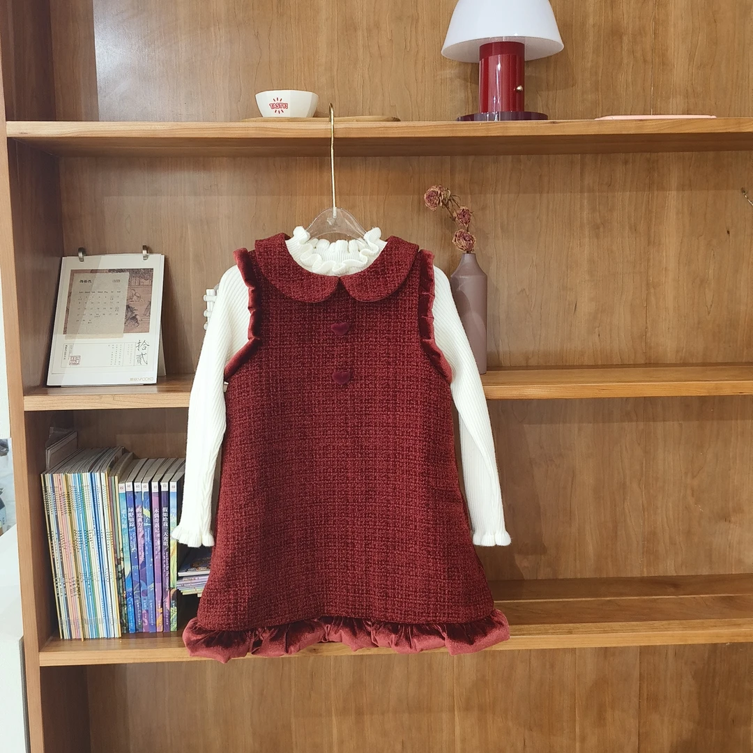 女童冬季翻领双爱心碎花裙边休闲连衣裙881186