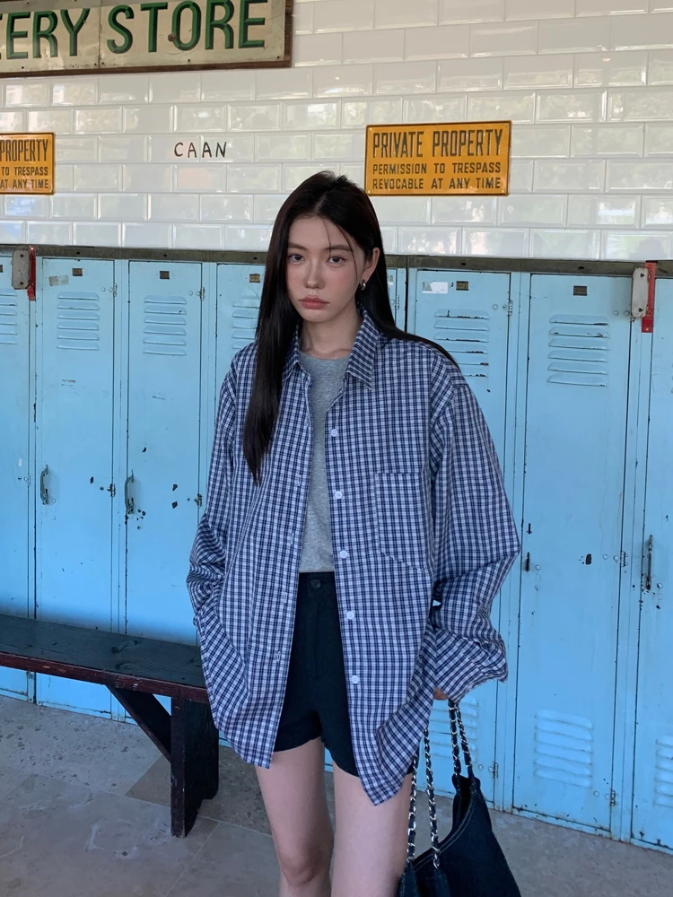 韩系松弛蓝色格子衬衫女夏季新款宽松休闲百搭外套设计感防晒衬衣