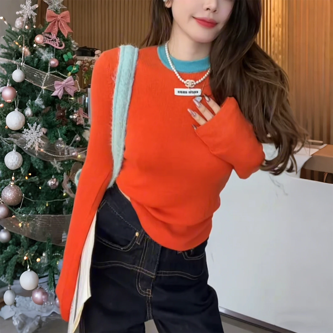 今年流行撞色打底针织衫女士秋冬季新款好看高级时尚漂亮内搭上衣