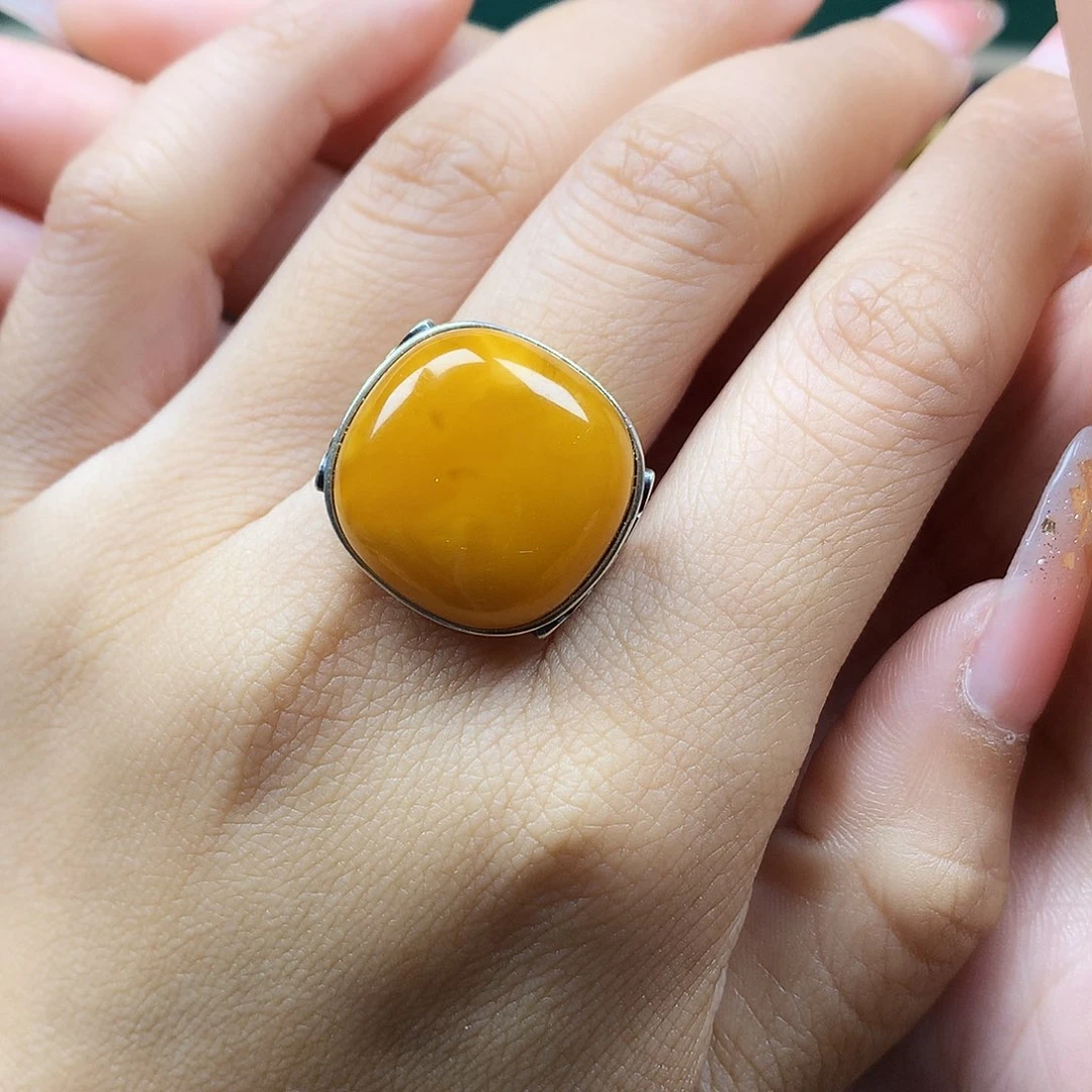 蜜蜡戒指银S925镶嵌戒指