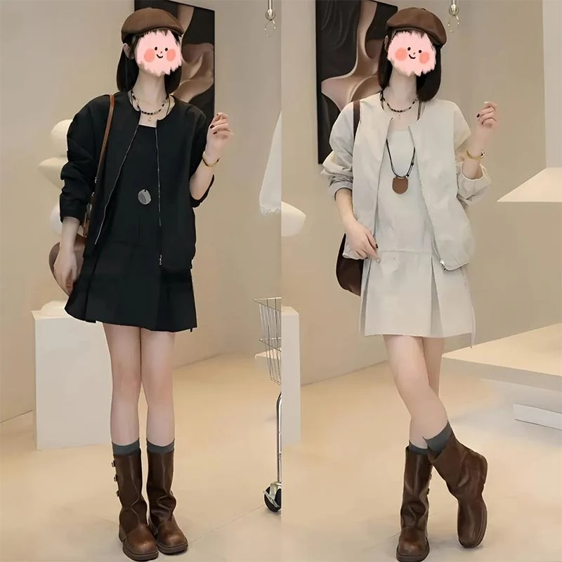 2026春秋韩式新款时尚宽松显瘦休闲外套吊带裙套装女高级感两件套