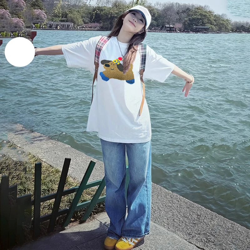 2025夏季装新款女装短袖洋气潮牌毛巾绣韩版小狗百搭宽松#CX033