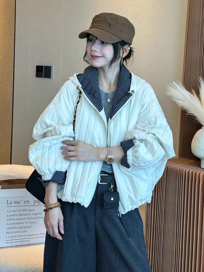 【891]新品时尚宽松连帽复古港风短外套百搭秋冬设计感ins