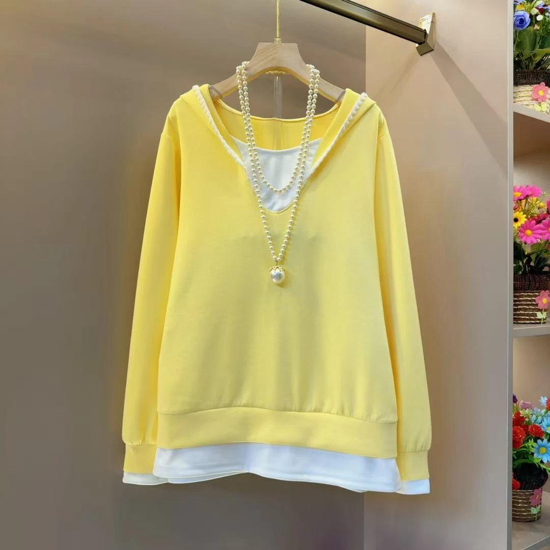 糖果色时尚拼接学院风连帽卫衣 长袖衣长68左右