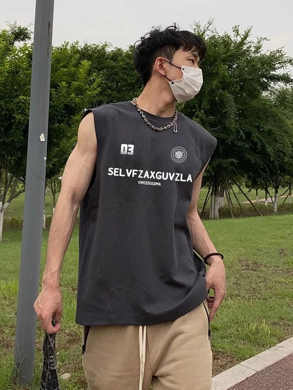 夏季休闲宽松美式潮牌流行字母深灰色背心男纯棉重磅坎肩上衣无袖