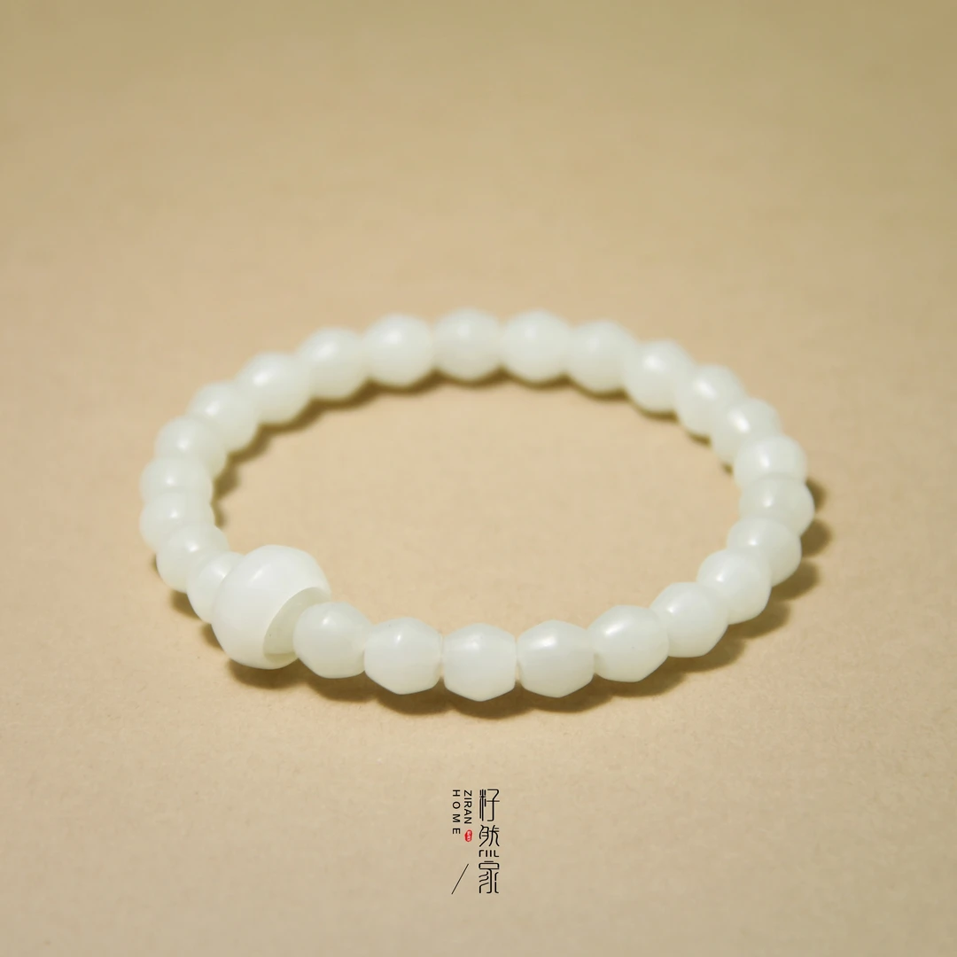 天然新疆和田玉且末料白玉手串8mm菱形珠跑环小众设计款轻奢百搭