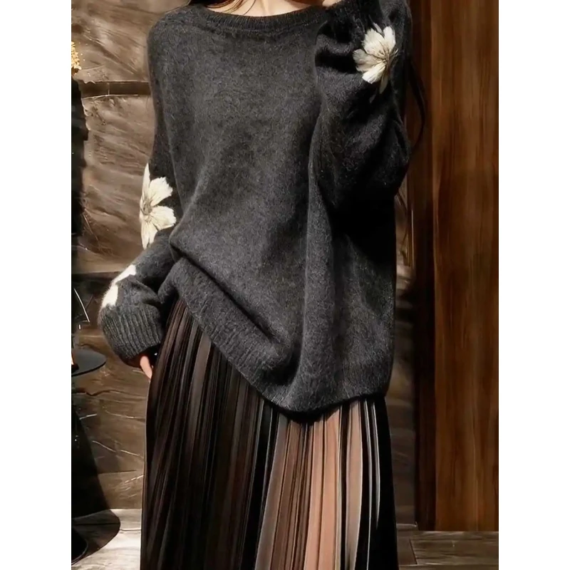 慵懒风法式提花针织衫女秋冬季新款洋气宽松套头毛衣气质长袖上衣