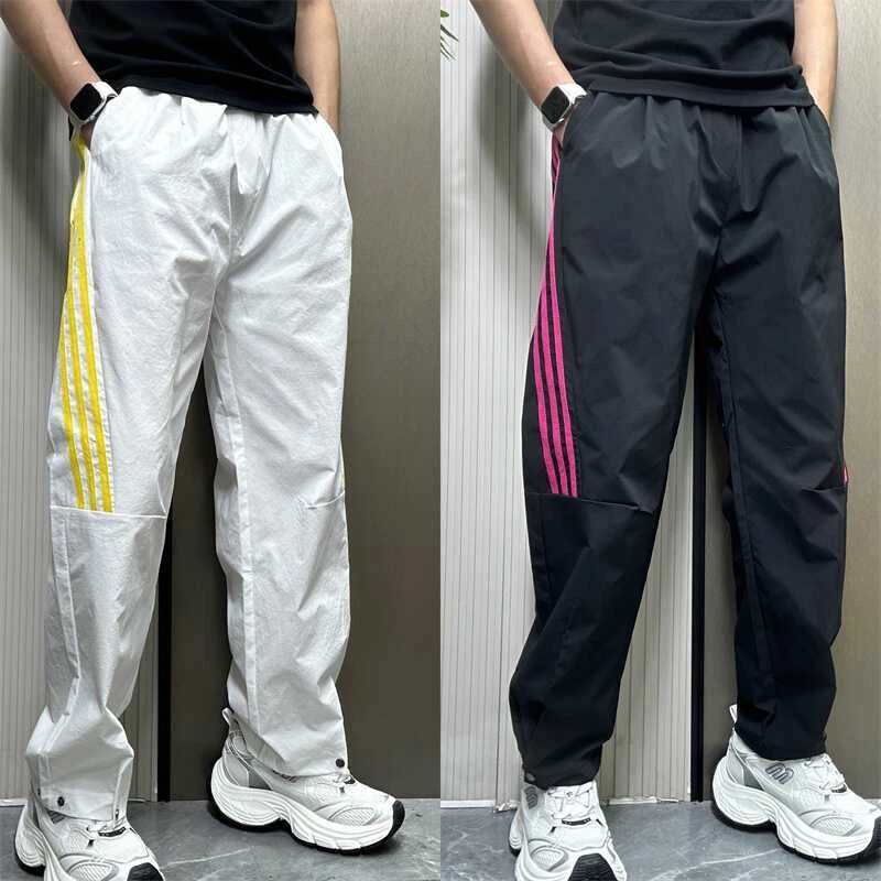 夏季条纹休闲裤男2025新款美式三条杠直筒宽松运动裤男士纯色裤子