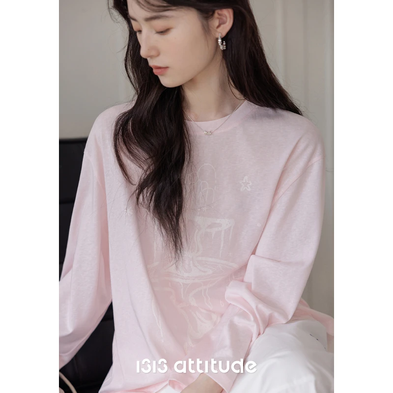 1313清透气质喷泉印花长袖T恤2025女夏薄款透气宽松天丝防晒罩衫