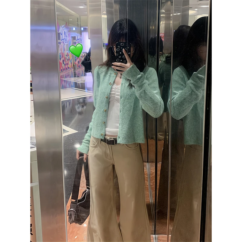 2025新款女士秋季法式复古高级感绿色长袖针织开衫高腰宽松阔腿裤