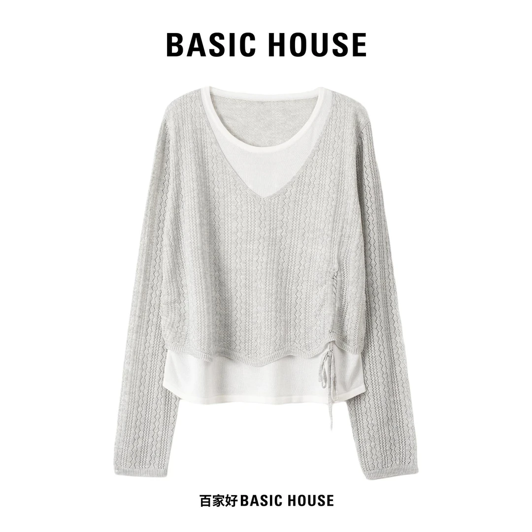 Basic House/百家好宽松型秋季拼接针织衫假两件薄款长袖显瘦